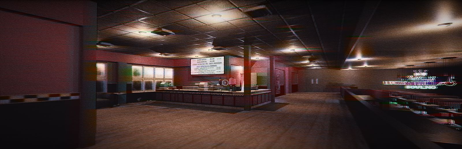 The bowling alley concourse: rates board above the counter, booths along the right, the Lucky Strike neon still lit
